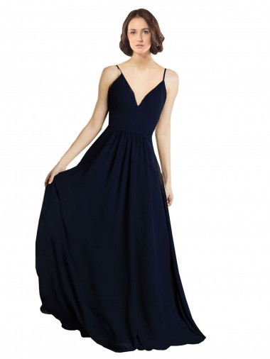 A-Line V-Neck Chiffon Long Dark Navy Bridesmaid Dress & Gowns Barrie