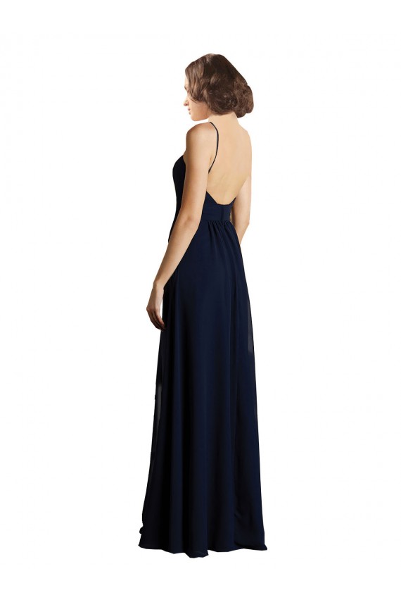 A-Line V-Neck Chiffon Long Dark Navy Bridesmaid Dress & Gowns Barrie