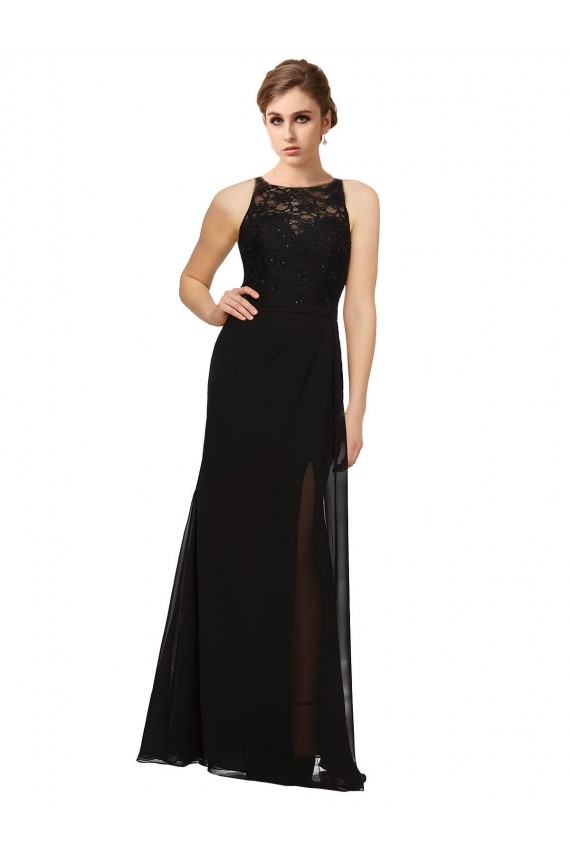 Sheath High Neck Soft Chiffon & Lace Long Black Bridesmaid Dress Barrie