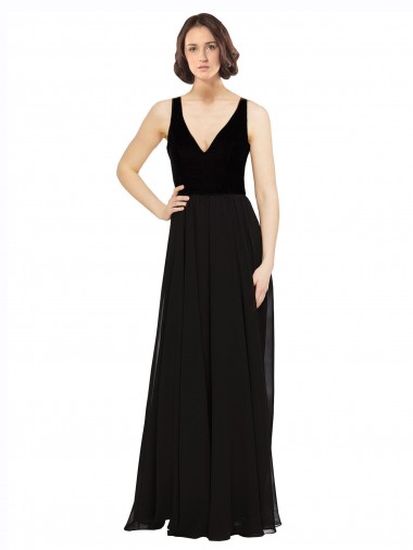 A-Line V-Neck Soft Chiffon & Velvet Long Black Prom Dress / Bridesmaid Dress Barrie