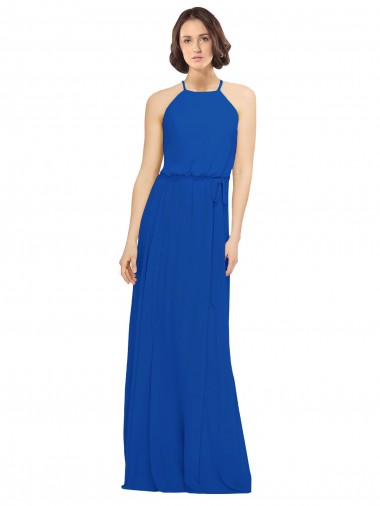 A-Line Jewel Neck Soft Chiffon Long Royal Blue Bridesmaid Dress Barrie