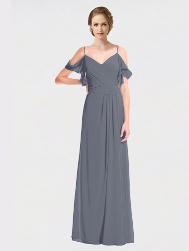 A-Line V-Neck Soft Chiffon Long Slate Grey Bridesmaid Dress Barrie