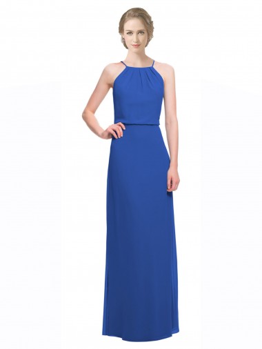 A-Line Spaghetti Straps Soft Chiffon Long Blue Bridesmaid Dress Barrie