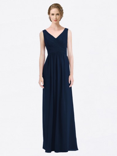 A-Line V-Neck Soft Chiffon Long Dark Navy Evening Gowns / Bridesmaid Dress Barrie
