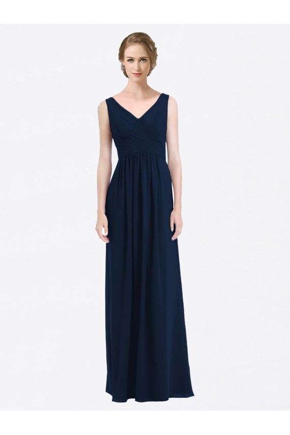 A-Line V-Neck Soft Chiffon Long Dark Navy Evening Gowns / Bridesmaid Dress Barrie