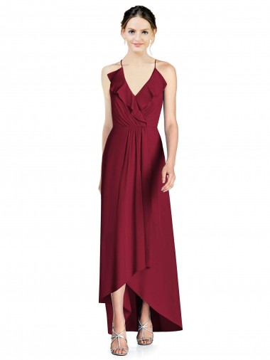 A-Line V-Neck Soft Chiffon Long Burgundy High Low Bridesmaid Dress Barrie