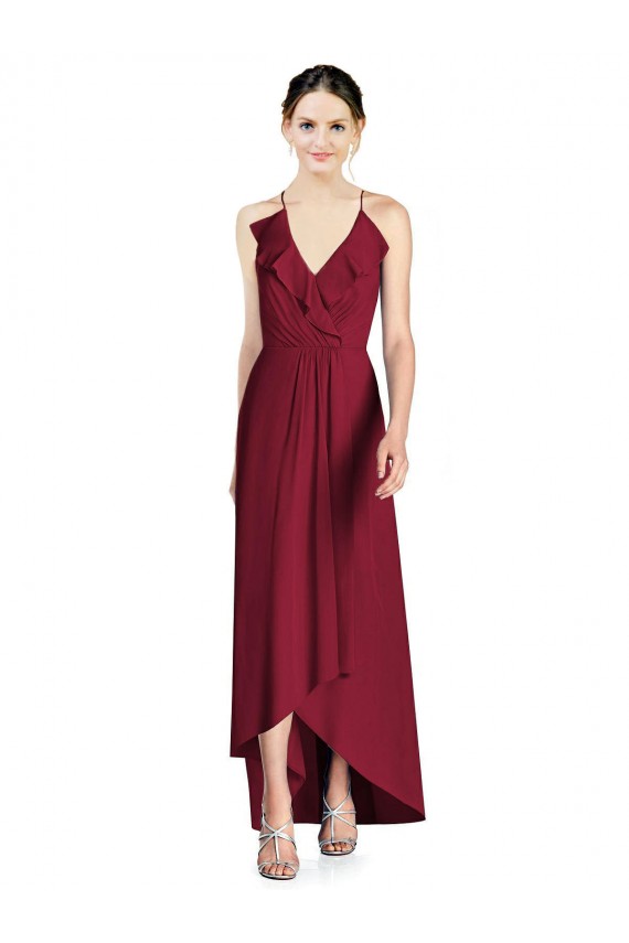 A-Line V-Neck Soft Chiffon Long Burgundy High Low Bridesmaid Dress Barrie