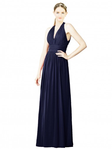 A-Line V-Neck Chiffon Long Dark Navy Bridesmaid Dresses Barrie