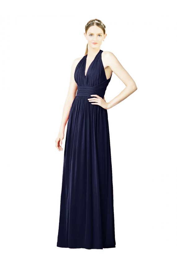 A-Line V-Neck Chiffon Long Dark Navy Bridesmaid Dresses Barrie