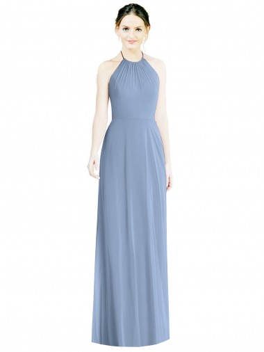 A-Line Halter Neck Chiffon Long Floor Length Dusty Blue Bridesmaid Dress Barrie