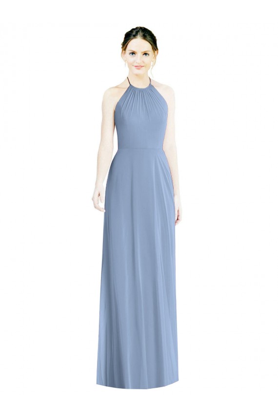 A-Line Halter Neck Chiffon Long Floor Length Dusty Blue Bridesmaid Dress Barrie