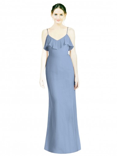 A-Line V-Neck Soft Chiffon Long Dusty Blue Bridesmaid Dresses Barrie