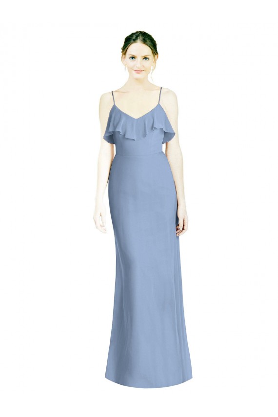 A-Line V-Neck Soft Chiffon Long Dusty Blue Bridesmaid Dresses Barrie