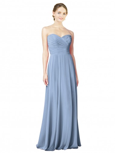 A-Line Strapless Chiffon Long Dusty Blue Wedding Party Dress Barrie