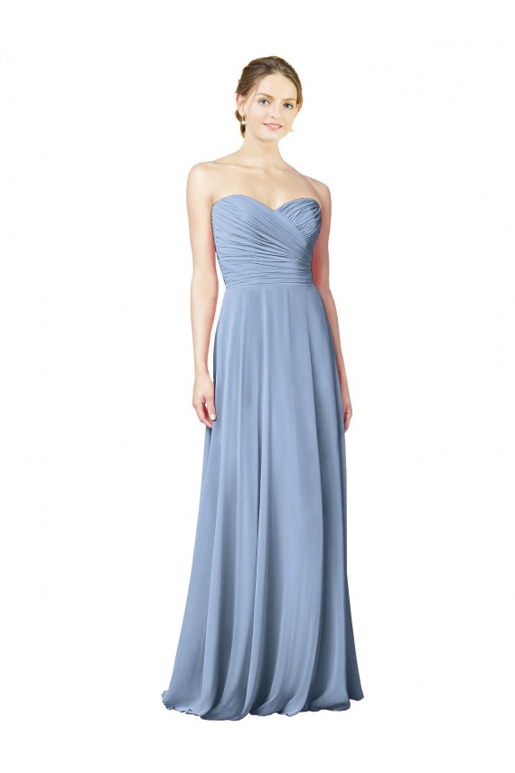 A-Line Strapless Chiffon Long Dusty Blue Wedding Party Dress Barrie