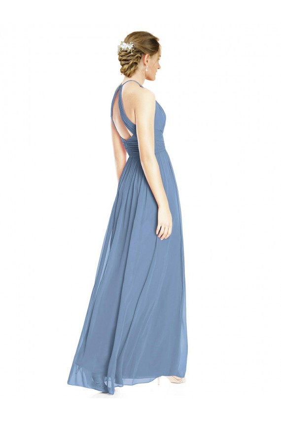 A-Line Halter Neck Chiffon Long Dusty Blue Wedding Party Dress Barrie