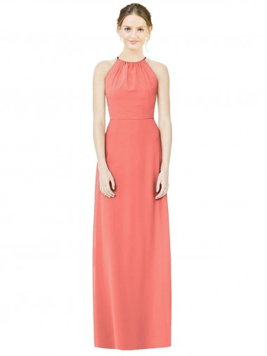 A-Line Halter Neck Soft Chiffon Long Coral Bridesmaid Dress Barrie