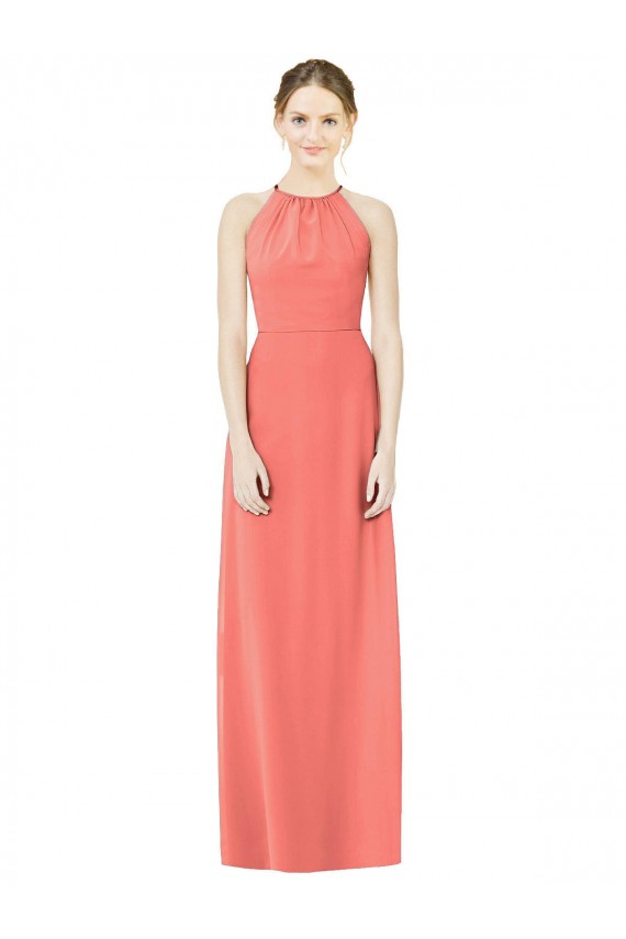 A-Line Halter Neck Soft Chiffon Long Coral Bridesmaid Dress Barrie