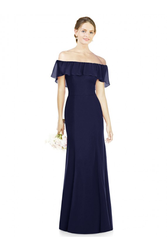 Trumpet Off the Shoulder Soft Chiffon Long Dark Navy Bridesmaid Dress Barrie