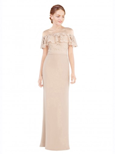 A-Line Off the Shoulder Soft Chiffon & Lace Long Champagne Prom Dress / Bridesmaid Dress Barrie