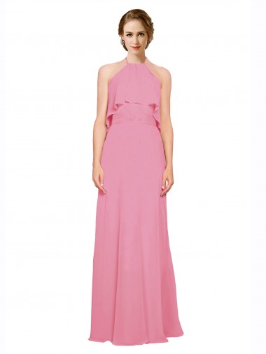 A-Line High Neck Soft Chiffon Long Skin Pink Bridesmaid Dress Barrie