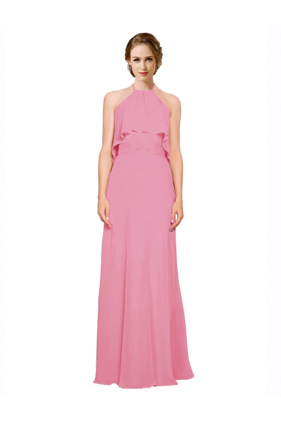 A-Line High Neck Soft Chiffon Long Skin Pink Bridesmaid Dress Barrie