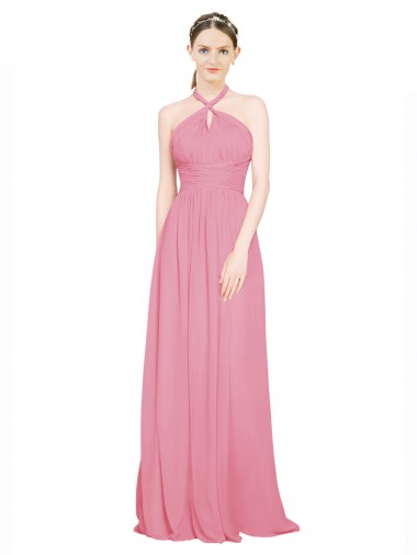 A-Line V-Neck Chiffon Long Skin Pink Bridesmaid Dress / Evening Dress Barrie