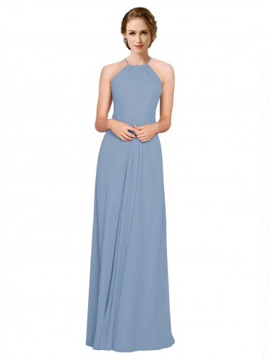 A-Line High Neck Chiffon Long Dusty Blue Bridesmaid Dress / Evening Dress Barrie