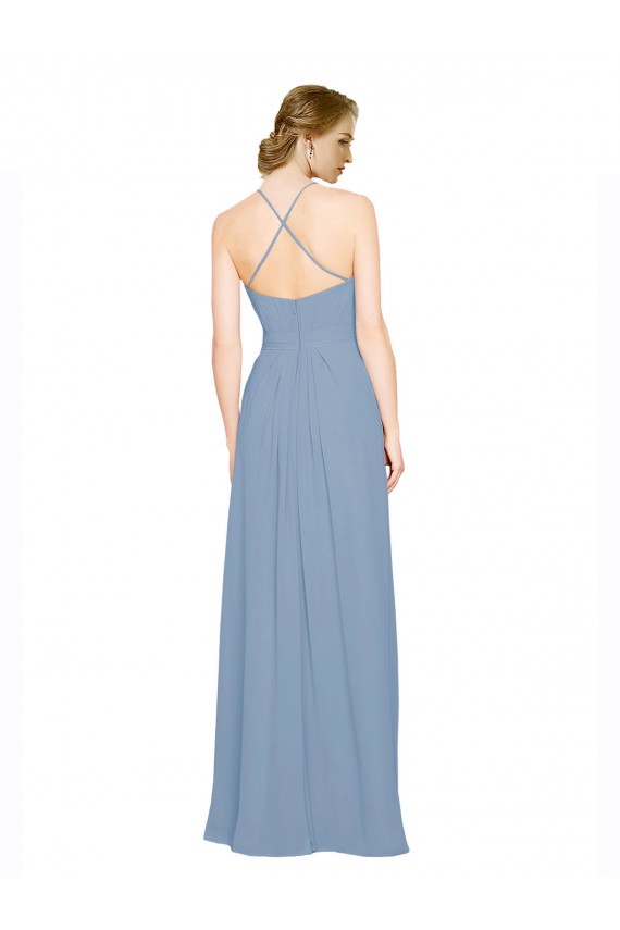 A-Line High Neck Chiffon Long Dusty Blue Bridesmaid Dress / Evening Dress Barrie