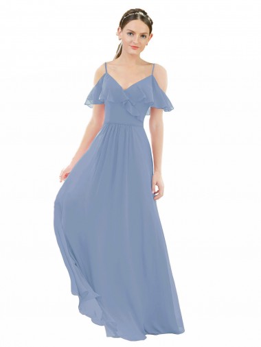A-Line V-Neck Lxue Chiffon Long Dusty Blue Bridesmaid Dress Barrie