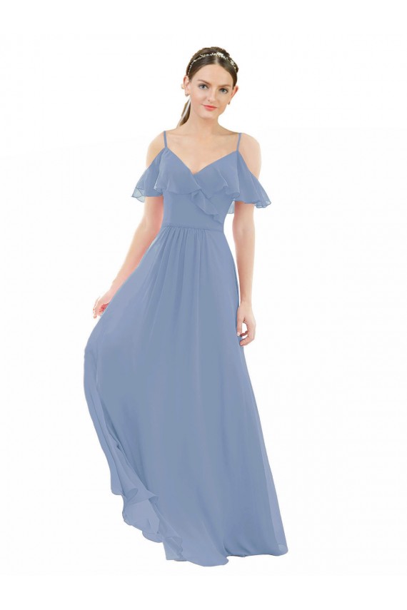 A-Line V-Neck Lxue Chiffon Long Dusty Blue Bridesmaid Dress Barrie