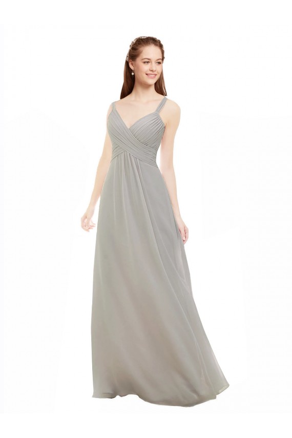 A-Line V-Neck Soft Chiffon Long Silver Bridesmaid Dress Barrie