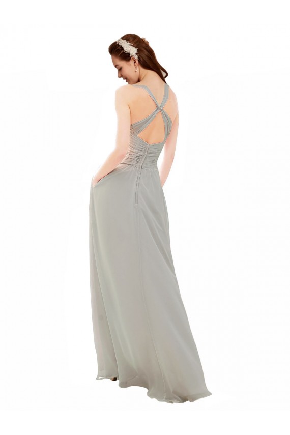 A-Line V-Neck Soft Chiffon Long Silver Bridesmaid Dress Barrie