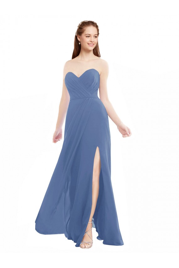 A-Line Strapless Soft Chiffon Long Windsor Blue Bridesmaid Dresses Barrie
