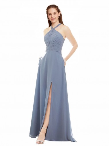 A-Line High Neck Soft Chiffon Long Dusty Blue Evening Dress / Bridesmaid Dress Barrie