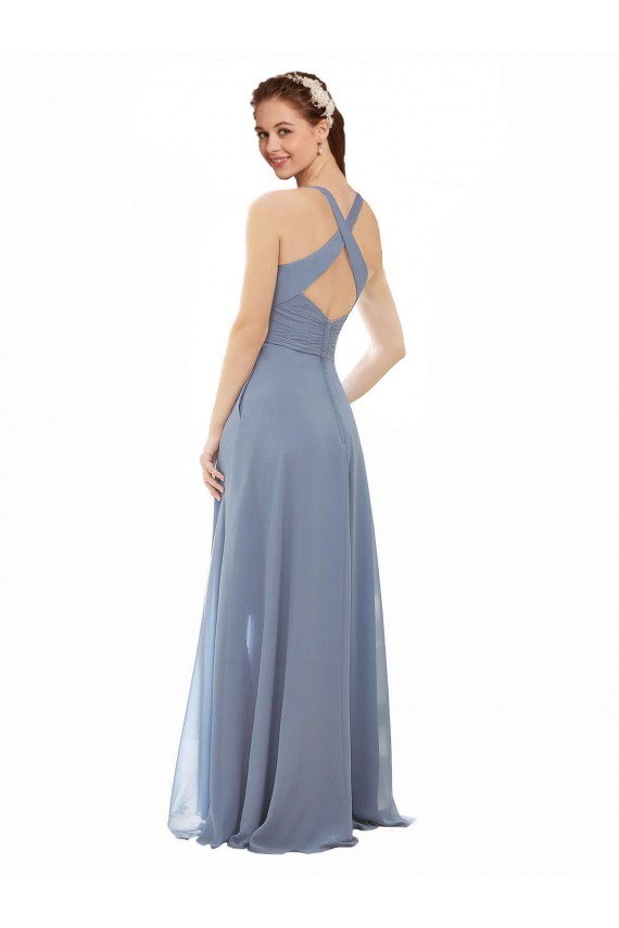 A-Line High Neck Soft Chiffon Long Dusty Blue Evening Dress / Bridesmaid Dress Barrie