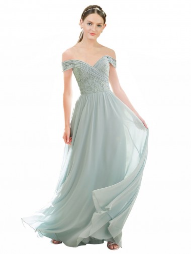 A-Line Off the Shoulder Soft Chiffon & Lace Long Sea Glass Bridesmaid Dress Barrie