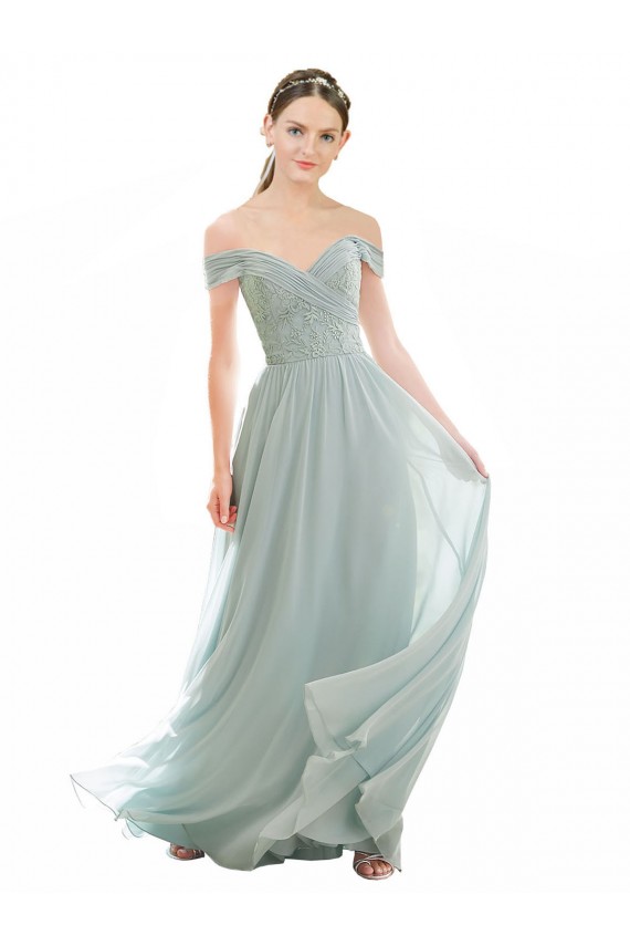 A-Line Off the Shoulder Soft Chiffon & Lace Long Sea Glass Bridesmaid Dress Barrie