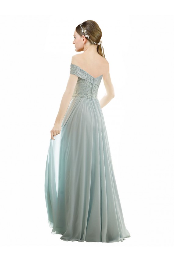 A-Line Off the Shoulder Soft Chiffon & Lace Long Sea Glass Bridesmaid Dress Barrie