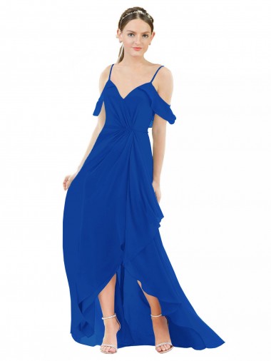 A-Line V-Neck Soft Chiffon Long Royal Blue High Low Bridesmaid Dress Barrie