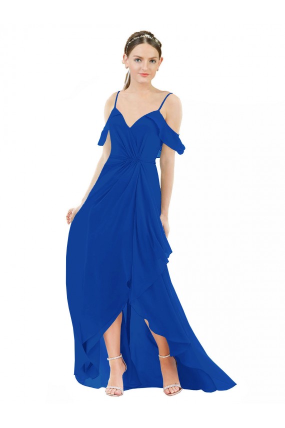 A-Line V-Neck Soft Chiffon Long Royal Blue High Low Bridesmaid Dress Barrie