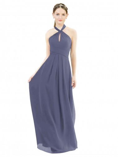 A-Line Halter Neck Soft Chiffon Long Silver Stone Bridesmaid Dress Barrie