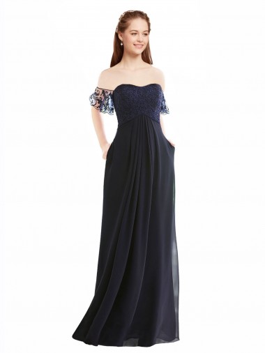 A-Line V-Neck Soft Chiffon & Lace Long Dark Navy Formal Dress / Bridesmaid Dress Barrie