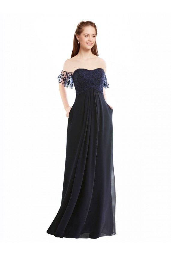A-Line V-Neck Soft Chiffon & Lace Long Dark Navy Formal Dress / Bridesmaid Dress Barrie