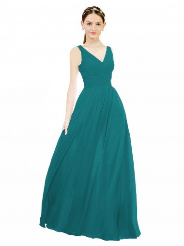 A-Line V-Neck Chiffon Long Hunter Bridesmaid Gowns Barrie