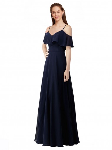 A-Line V-Neck Soft Chiffon Long Dark Navy Bridesmaid Dress Barrie