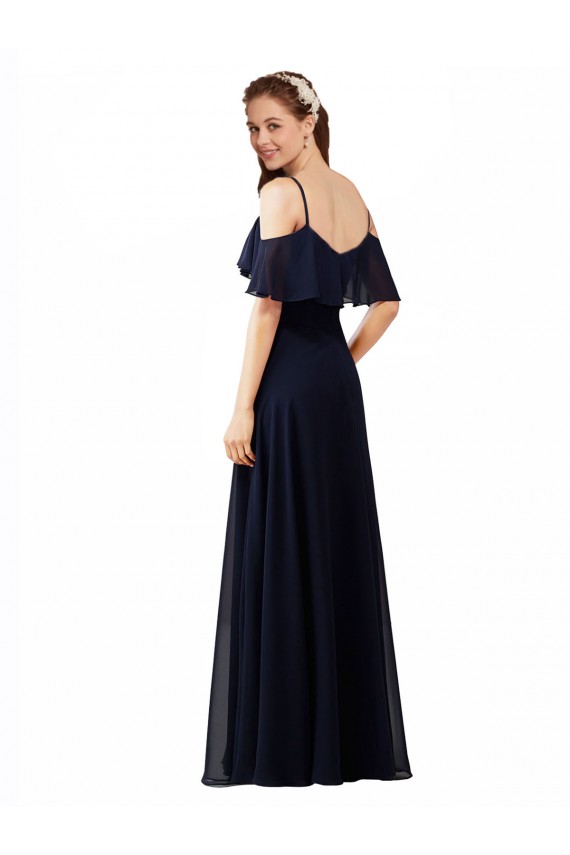 A-Line V-Neck Soft Chiffon Long Dark Navy Bridesmaid Dress Barrie