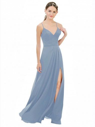 A-Line V-Neck Soft Chiffon & Lace Long Dusty Blue Bridesmaid Dress Barrie