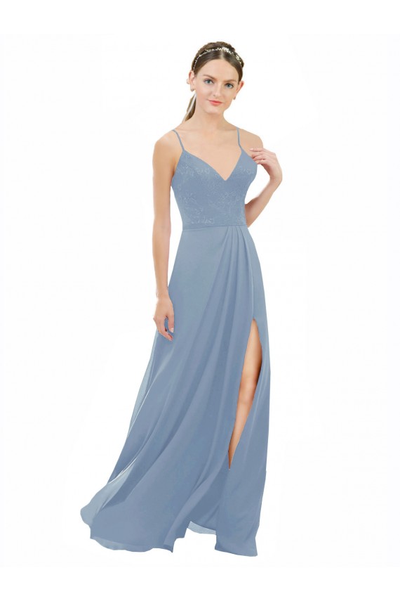 A-Line V-Neck Soft Chiffon & Lace Long Dusty Blue Bridesmaid Dress Barrie