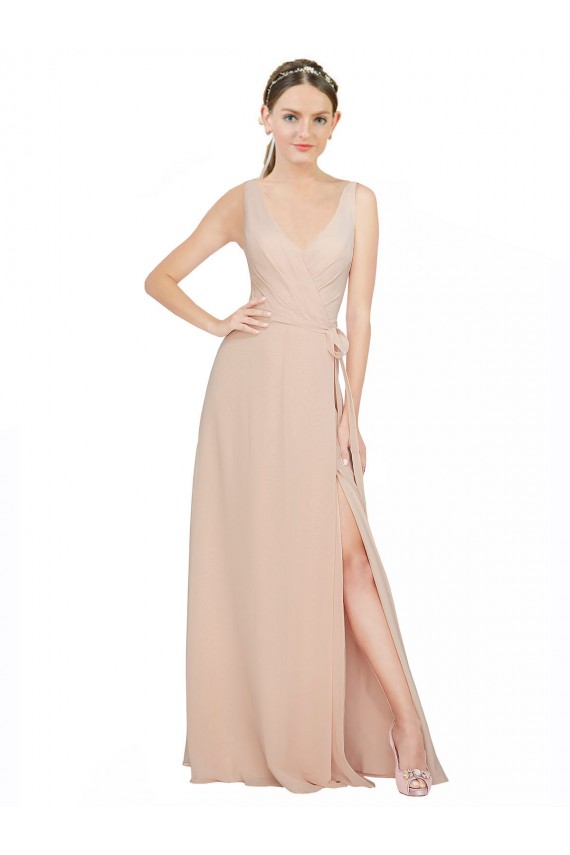 A-Line V-Neck Luxe Chiffon Long Pink Bridesmaid Dress / Evening Dress Barrie